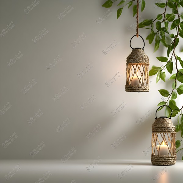 The image depicts two lit lanterns with candles inside, housed in woven wicker structures and hanging by one side against a white wall. Some green branches with vibrant leaves extend from the right side of the image.
