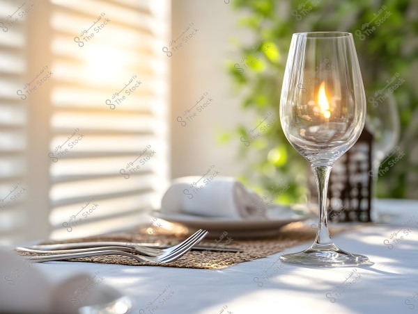 The image shows a dining table in sunlight, featuring an empty wine glass in the foreground with lit candles in the background. The table is covered with a white cloth and set with metallic cutlery and neatly arranged napkins on plates.