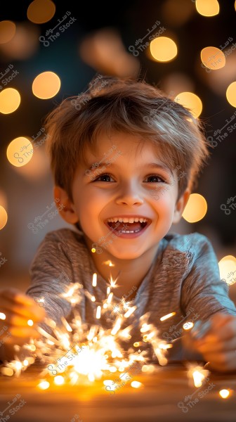 A young child is joyfully smiling while holding sparklers. The background is blurred with bright, circular bokeh lights. The child is wearing a grey shirt, contributing to the playful and cheerful atmosphere of the image.