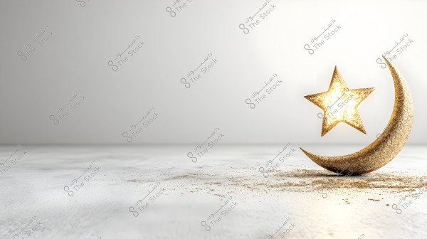The image features a glittering golden crescent and a shining star positioned beside it, with the star slightly elevated above the ground. The background is a plain white, and the surface appears to have some scattered golden glitter.