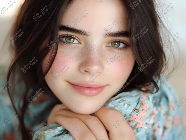 A portrait of a young girl with a blue dress featuring floral patterns. Her skin is smooth with light freckles and rosy cheeks, and she has dark brown hair framing her face.