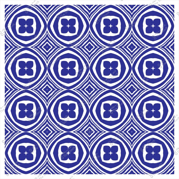 نقش هندسي بتكرار دائري وزهري باللونين الأزرق والأبيض.