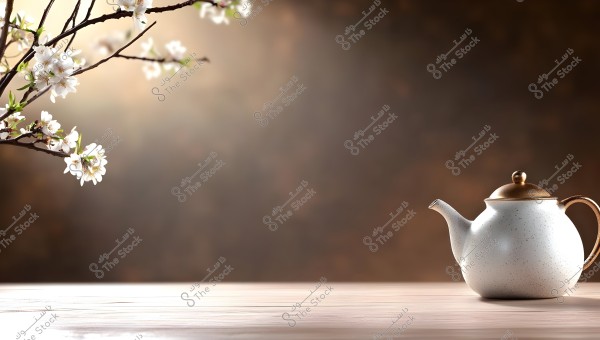 A white ceramic teapot with a golden lid and handle sits on a light wooden surface. On the other side of the image, tree branches with small white flowers. The background is blurred with warm tones.