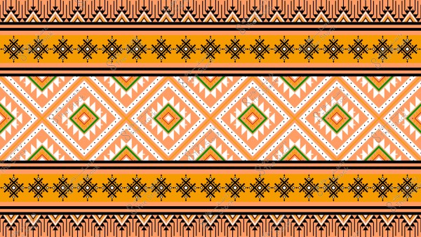 Colorful geometric pattern with a design inspired by traditional arts. The design features bright colors like orange, yellow, and green, with diamond shapes and decorative details in black. The pattern reflects the heritage nature of decorative arts.