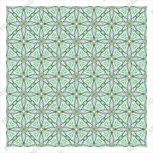 A decorative pattern with green and blue colors in a geometric, tile-like design.