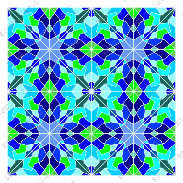 تصميم هندسي تقليدي بألوان الأزرق والأخضر, يشبه الزخارف الإسلامية المتداخلة. النمط يتكون من أشكال متعددة تتقاطع لتشكل نجوماً مع تدرجات لونية مختلفة لتحقيق تناغم بصري متوازن.

-