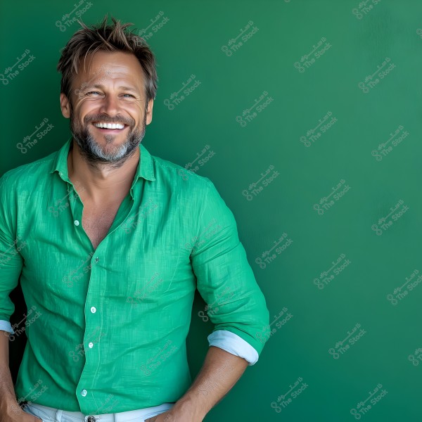 صورة لرجل يبتسم ويرتدي قميصًا أخضر فاتحًا بأكمام مطوية. يقف الرجل أمام خلفية خضراء عميقة, مما يبرز ملامح وجهه المبتهجة ولون قميصه الزَّاهي.