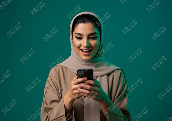 A portrait of a woman wearing a beige hijab and traditional light brown clothing, looking at a smartphone in her hands with a joyful smile. The background is a muted green color. The woman appears to be from the Middle East.