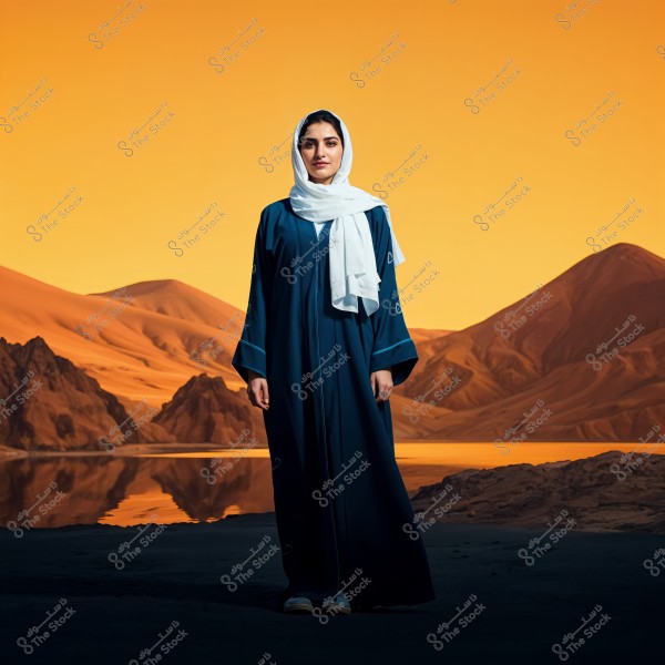 The image shows a woman wearing a blue abaya and a white hijab standing in front of a beautiful desert background. The sky is orange with sandy mountains reflected in a still pool of water. The scene is calm and displays a stunning natural landscape.