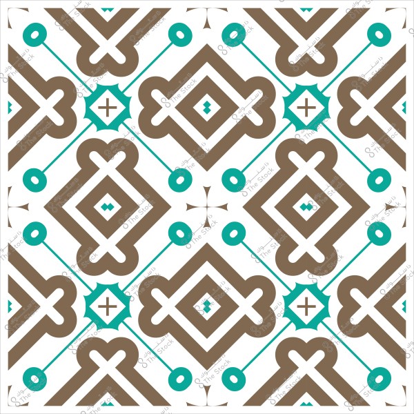 تصميم زخرفي هندسي بألوان بني وزمردي على خلفية بيضاء.