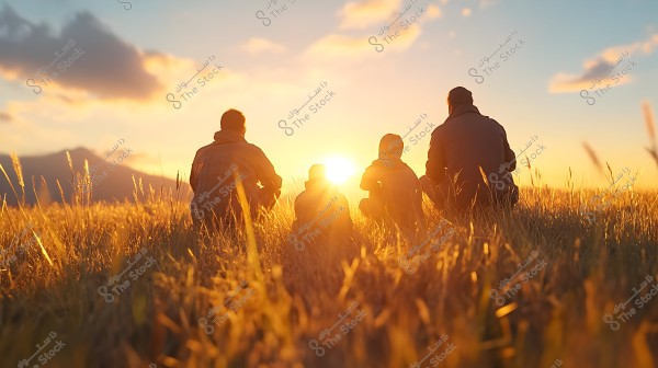 Four people sitting in a grassy field during sunset. The golden light of the sun on the horizon illuminates the scene, casting shadows on the casually dressed individuals sitting comfortably. In the background, there are light clouds and distant mountains stretching along the horizon.