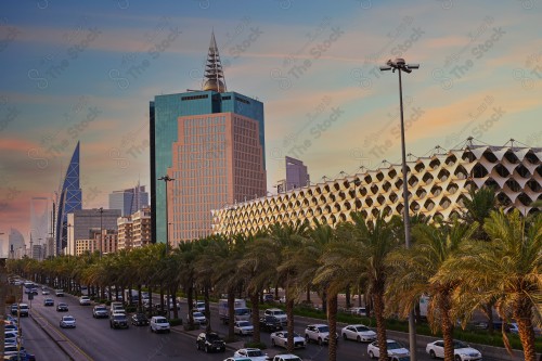 Traffic on King Fahd Road in the capital Riyadh during sunset, towers in Riyadh during sunset