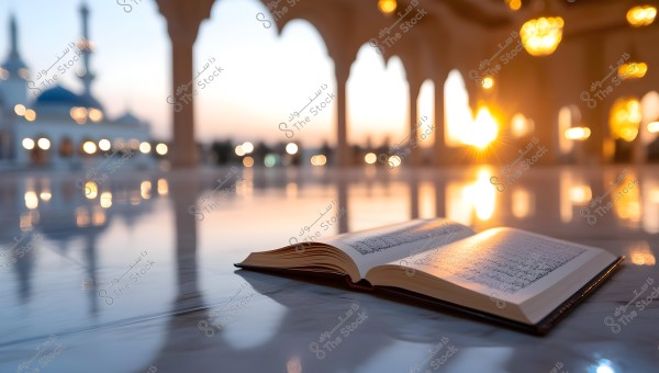 An image of an open book on a glossy floor, with a mosque featuring blue domes and distinctive minarets in the background under the sunset lighting. The atmosphere is calm with beautiful lighting effects reflecting on the floor.
