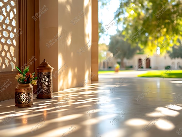 The image shows an interior scene with Arabic decor featuring ornate metal decorative lanterns. The lanterns are placed next to a wooden panel with Eastern patterns, and the floor is illuminated by dappled sunlight creating a serene and inviting atmosphere. In the background, there\'s an outdoor courtyard with trees and a traditional building facade with arches.
