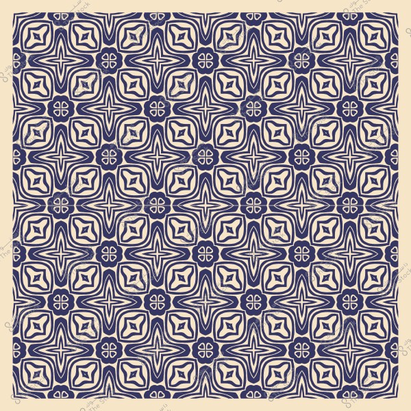 Repeated geometric pattern with decorative shapes in blue and white.