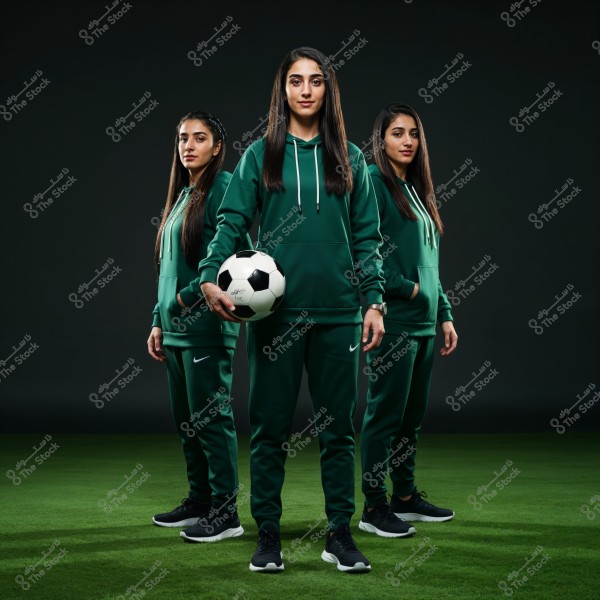 An image of three women wearing dark green sportswear with black athletic shoes, resembling a sports team. The woman in the middle is holding a soccer ball. The background is dark, and the ground is covered with green grass. The attire may suggest a team from Saudi Arabia or the Gulf region.