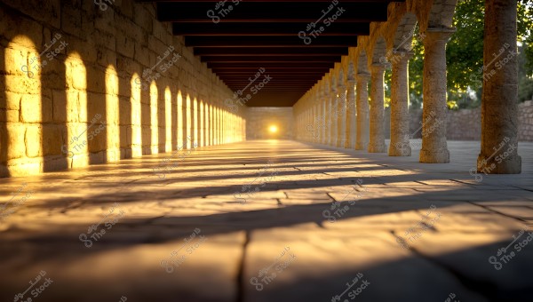 A long corridor flanked by stone columns on both sides, with golden sunlight streaming through the arches, casting shadows on the walkway. The background shows a stone wall and green foliage behind the columns in daylight.