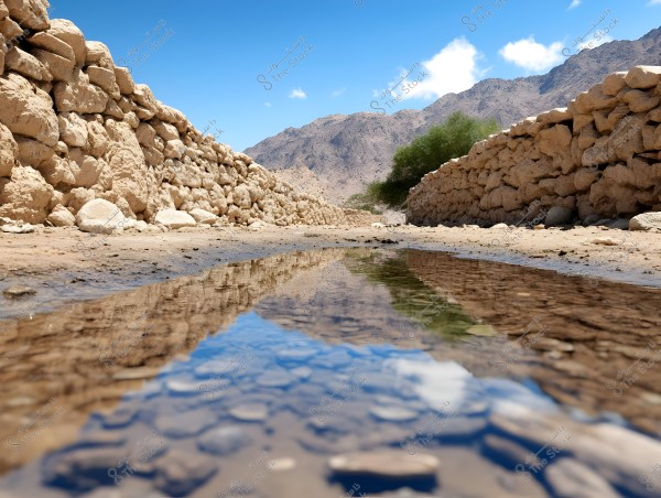 The image shows a path between two walls made of large, irregular stones placed alongside each other. There is a reflection of the clear blue sky with some clouds in a small puddle in the center. In the background, rocky mountains loom, with green shrubs appearing on the sides.