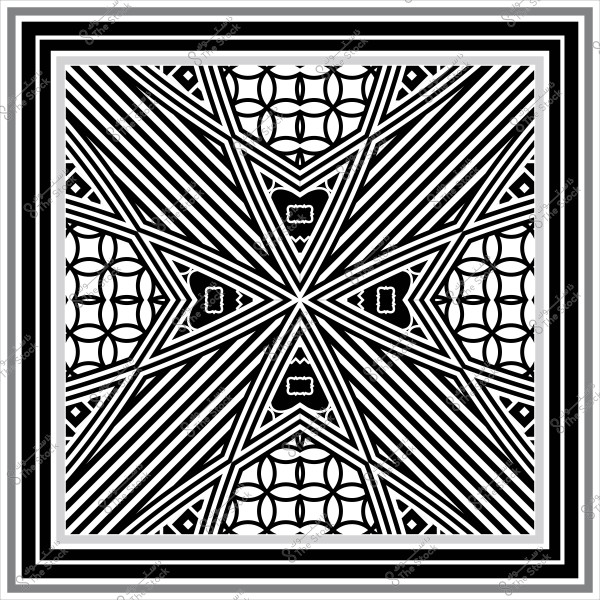 نمط فني هندسي باللونين الأبيض والأسود يتكون من خطوط متقاطعة وأشكال دائرية في تصميم متماثل ومعقد.