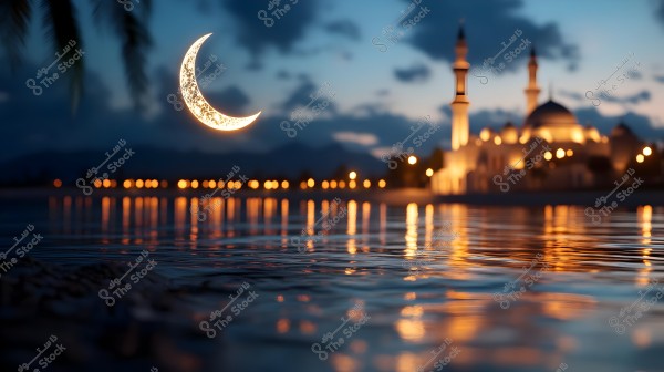 A nighttime scene featuring an illuminated mosque with two minarets in the background near a body of water. A decorative glowing crescent moon appears in the sky, surrounded by a calm atmosphere and cloudy sky. The warm lights of the mosque reflect on the tranquil water surface.