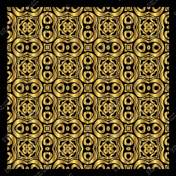 A geometric repeating pattern in gold and black featuring circular shapes and intricate designs.