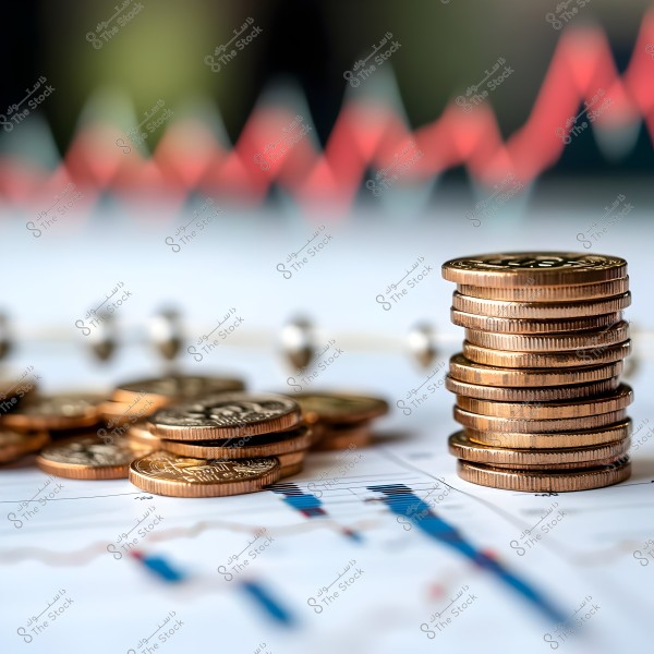 The image shows a stack of golden coins next to a financial chart on a blurred background, featuring a graph line with red and green tones. The image suggests themes of business, economy, and investment.