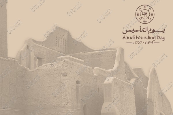 An image of old mud walls representing part of historical buildings set on a beige background. The image features text in the upper right corner that reads \"Saudi Founding Day\" in both Arabic and English, with the dates 1139 AH / 1727 AD. A traditional Saudi circular design is prominently displayed next to the text.
