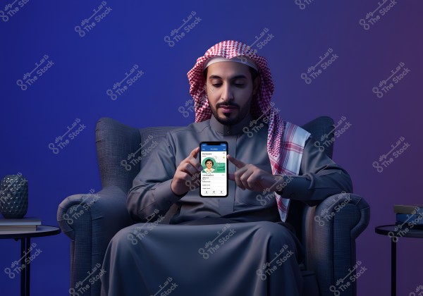 A man sits on an armchair wearing a thobe and a red-checked ghutra with an agal, pointing at a smartphone displaying an app with an ID photo. The room is dimly lit with a dark blue light and has a side table with books and a decorative vase.