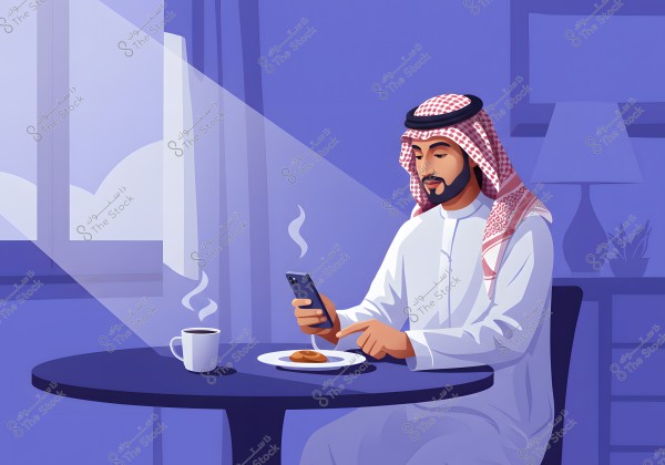 An image of a man wearing a thobe and ghutra sitting in a sunlit room. He is holding a smartphone and sits at a round table with a cup of coffee and a plate containing pastries. In the background, there is a lamp and an indoor plant within the room.