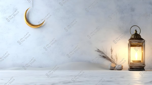 An image depicting a serene corner with a lit lantern placed on the floor next to a light-colored wall. In the background, there\'s a decorative golden crescent hanging on the wall and some dry branches arranged next to the lantern, creating a peaceful and tranquil ambiance.