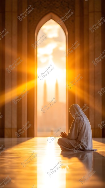 شخص جالس في وضعية تأمل أو صلاة داخل مسجد, يرتدي ملابس بيضاء تقليدية. الإضاءة الدافئة للشمس المنخفضة تتسلل من نافذة مقوسة كبيرة خلف الشخص, وتعكس أشعتها على الأرضية اللامعة. تظهر في الخلفية ملامح غير واضحة لمآذن.