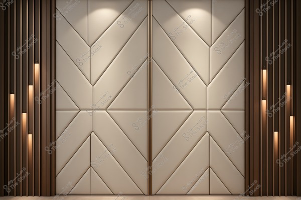 The image shows a modern interior wall design. The wall is adorned with padded panels featuring geometric patterns of repeating triangles in a light beige color. On either side of the wall are vertical wooden slats in a brown color, interspersed with stylish lighting fixtures that illuminate the wall evenly, creating a warm and harmonious ambiance.