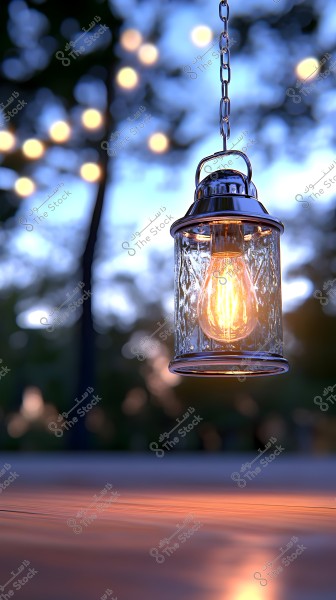 A hanging glass lantern containing a glowing candle, casting a warm light against a blurred background of bokeh lights and the warm colors of sunset. The lantern hangs from an intricate chain, reflecting delicate illuminated details in its metallic and glass design.