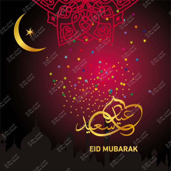 Eid Mubarak design with geometric decoration, crescent moon, and stars on a red background.