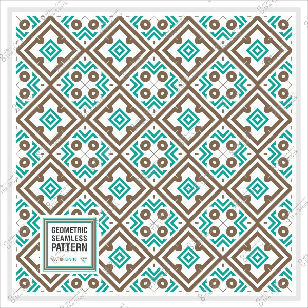 Geometric seamless pattern with specific shapes in brown and teal, labeled "Geometric Seamless Pattern" in one corner.