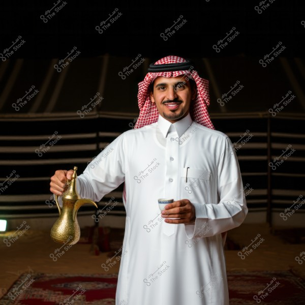 Portrait of a man wearing traditional Saudi attire with a white thobe and red ghutra, smiling and holding an Arabic coffee pot and cup in his hands. The background shows details of an Arabic tent with an ornate carpet on the floor.