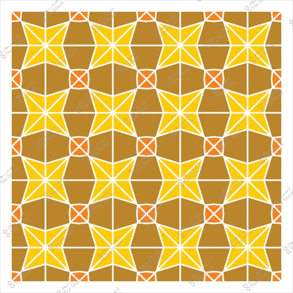 Repeating geometric pattern featuring yellow and orange stars on a brown background.