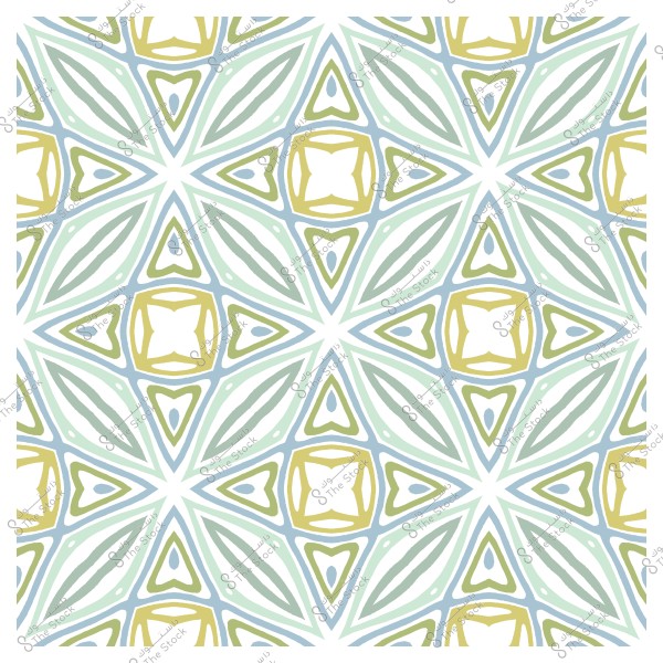 نمط هندسي متماثل بأشكال خضراء وزرقاء وذهبية متكررة.