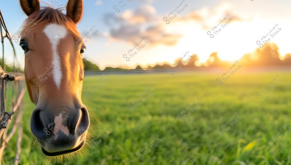 A close-up image of a brown horse\'s head with a white marking on its forehead, standing next to a fence. It is captured in a green grassy field during sunset, with warm golden light spreading across the horizon and scattered clouds in the sky.