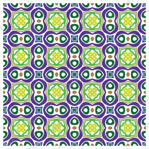 نمط زخرفي ملون يحتوي على أشكال هندسية بألوان الأرجواني, الأخضر والأزرق.