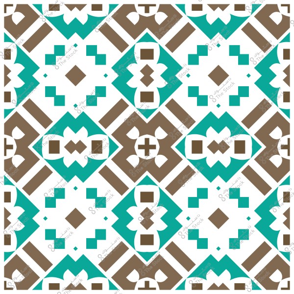 Geometric pattern with repeating shapes in turquoise, brown, and white colors.