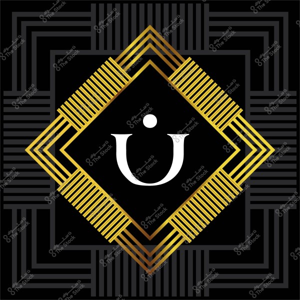 تصميم هندسي بالفن الزخرفي باللونين الأسود والذهبي وحرف "Ü" في المنتصف.