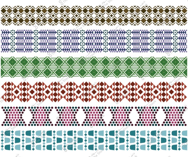 Decorative pattern consisting of multiple horizontal lines with various colors and patterns. The colors include brown, blue, green, red, and light blue. The patterns feature diverse geometric shapes such as squares, circles, and triangles, giving the design a traditional and artistic feel.