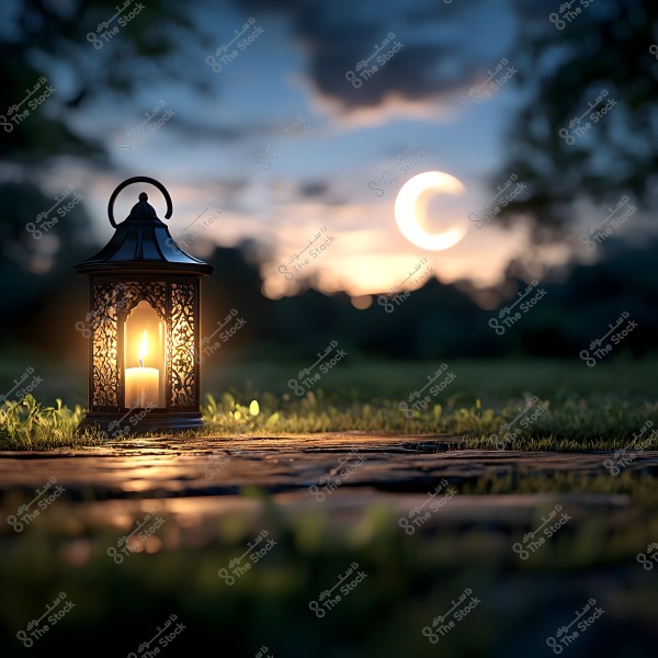 A decorative metal lantern with a lit candle inside placed on the ground in a garden, surrounded by green grass. The background features a blueish sky with some clouds and a luminous crescent moon.