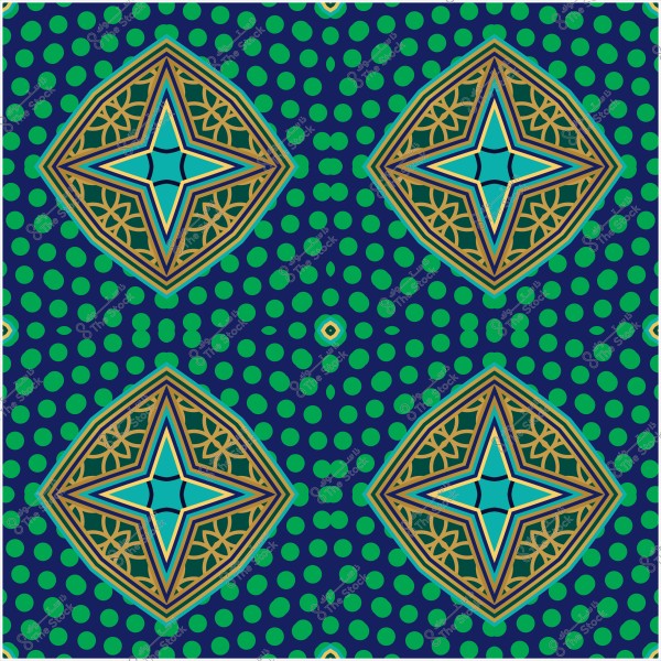 A repeated geometric pattern with blue and green colors and golden decorations intersecting in a star-like design.