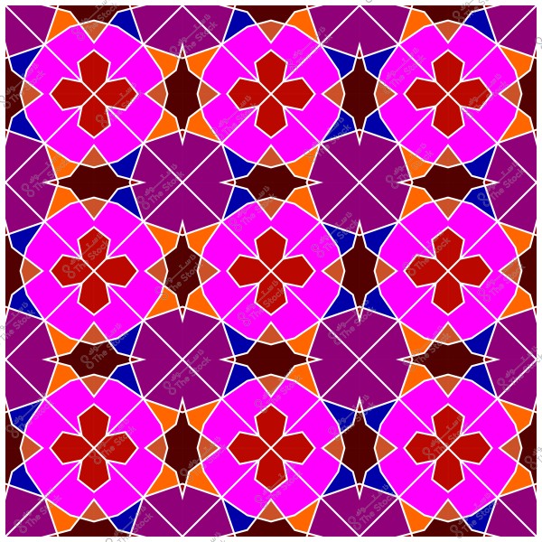 نمط هندسي ملون بأشكال تتكرر بتناسق, يتضمن نجوم حمراء محاطة بألوان مختلفة مثل الوردي والبرتقالي والأزرق والبنفسجي, مكونة تصميمًا متناظرًا وجذابًا.

-