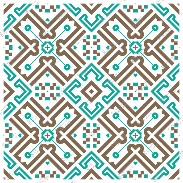 نمط زخرفي هندسي بألوان بنية وزرقاء على خلفية بيضاء.