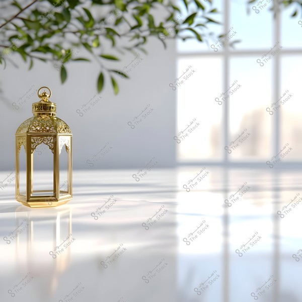 فانوس ذهبي مزخرف موضوع على سطح أبيض لامع, مع خلفية عبارة عن نافذة كبيرة تضيف إضاءة طبيعية للمشهد. تظهر أغصان شجرة خضراء ممتدة من الأعلى في الزاوية اليسرى من الصورة.