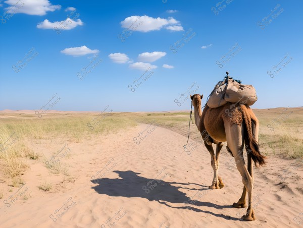 An image of a camel walking through a vast desert under a clear blue sky with scattered white clouds. The camel is loaded with a bag and equipment, and it walks on a sandy path surrounded by sparse wild grass. Sand dunes stretch along the horizon in the background.