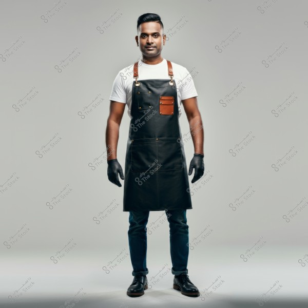 Image of a man standing against a gray background, wearing a white T-shirt, blue denim jeans, and black shoes. He has a black leather apron with brown straps and brass rivets, along with black gloves.